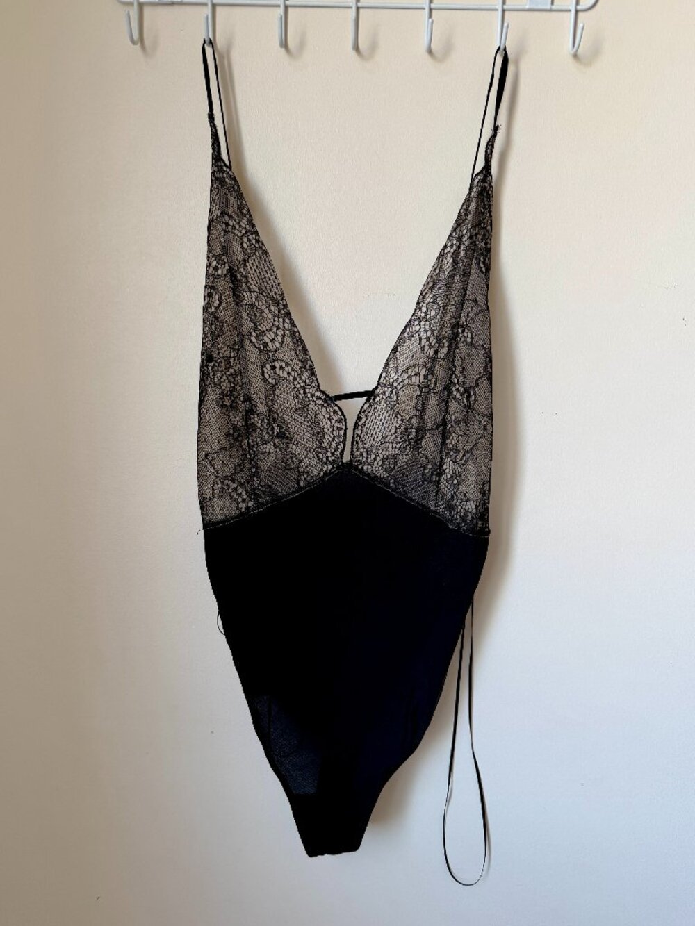 Mango Black Lace Bodysuit | Deep V Floral Lace | Thong Body | NWT Size M | Sheer